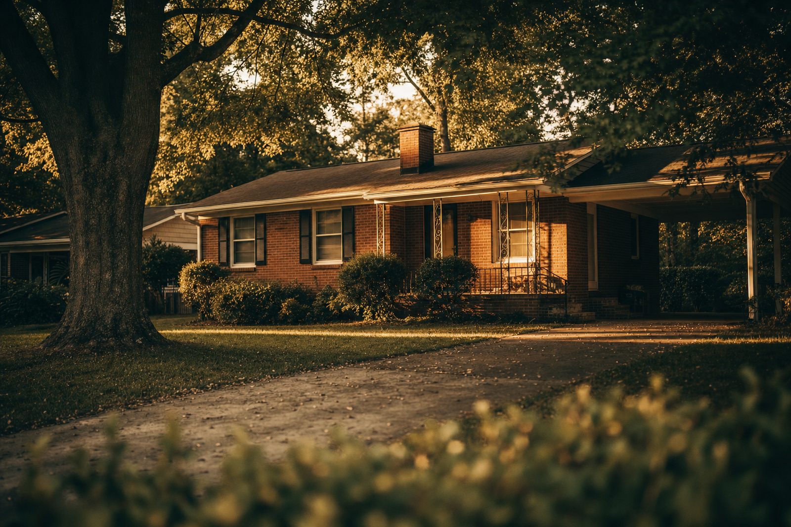 A brick ranch home on a quiet, tree lined street in the Columbia Midlands at golden hour
