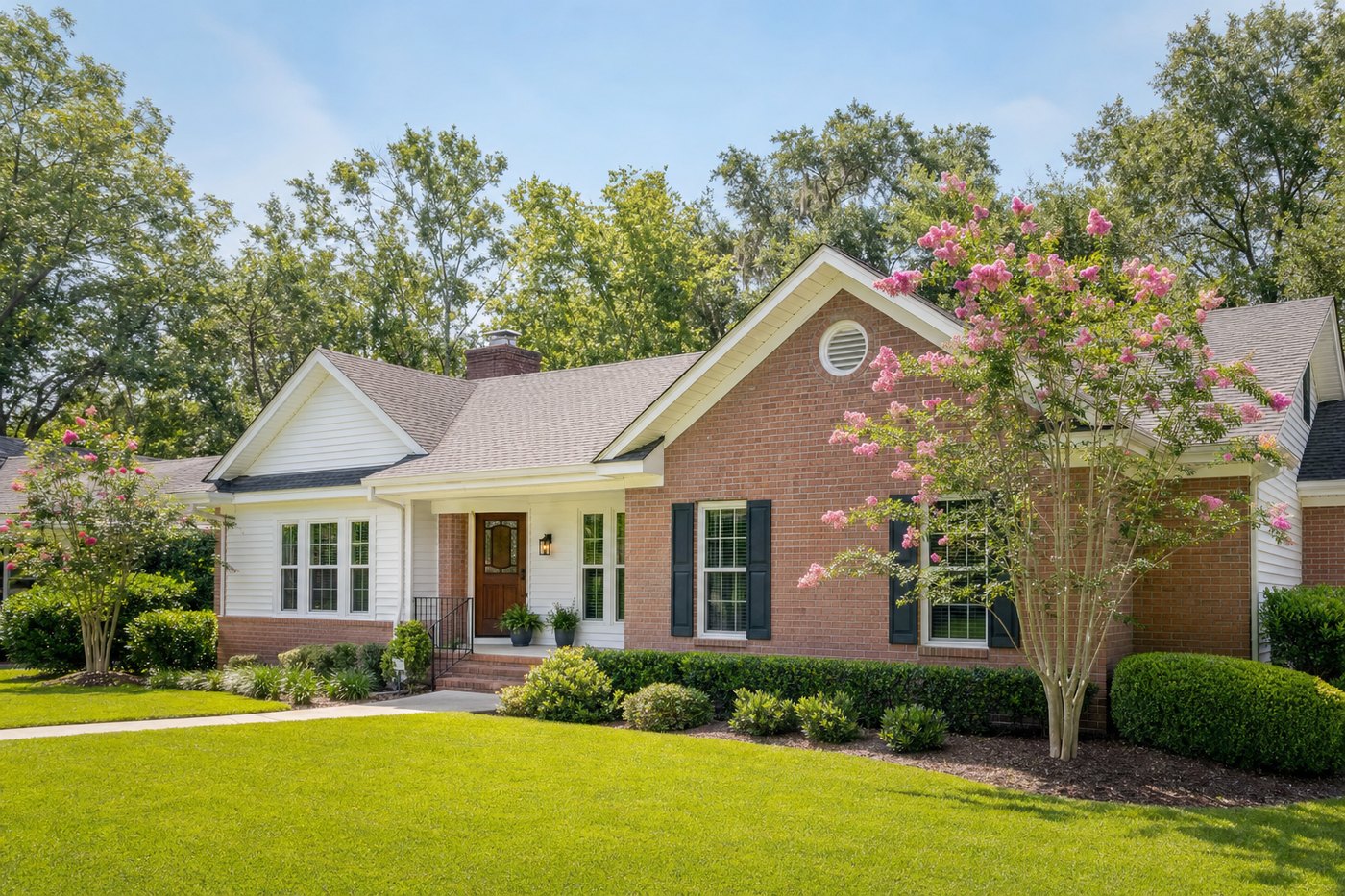 A brick and white siding home on a leafy street in the Columbia Midlands on a bright morning