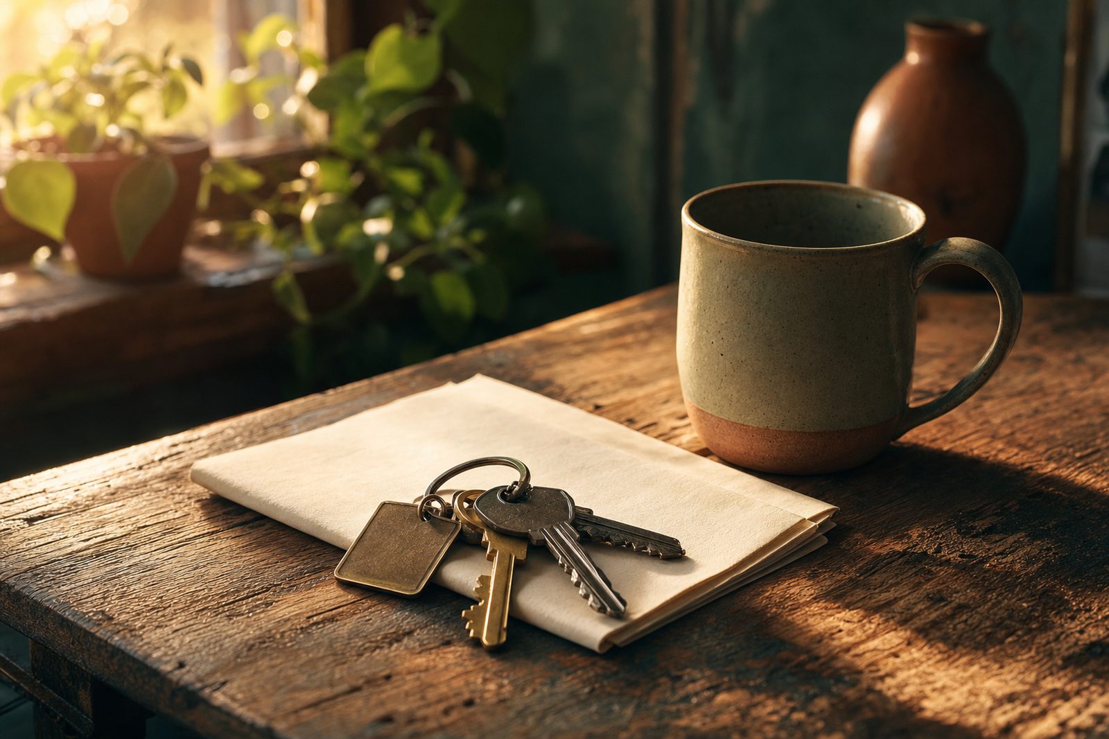House keys resting on a folded document beside a mug on a wooden table in warm afternoon light